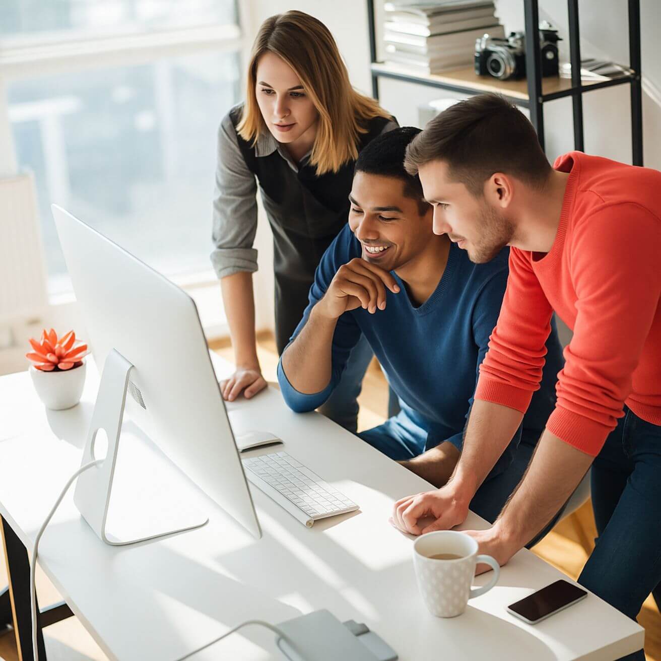 Finance team collaborating around a computer